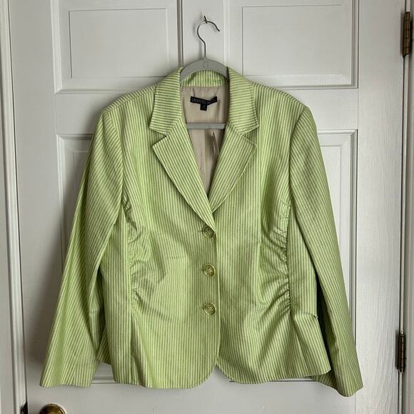 NWT Lafayette 148 Green Cotton Linen Seersucker Stripe Pleated Blazer Size 18 - Picture 1 of 4